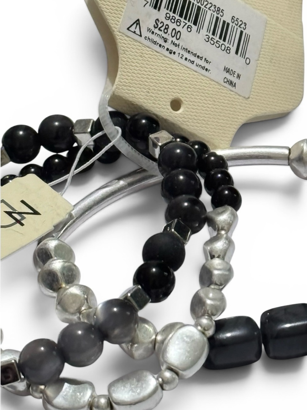 NWT New Directions 3pc Stacked Beaded Bracelet Set Women’s Silver & Black Boho